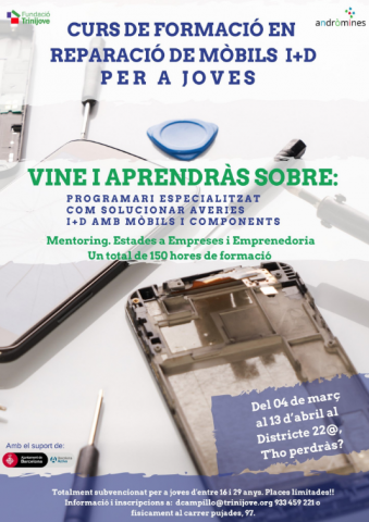 Cartell del curs de formació en reparació de mòbils I+D per a joves