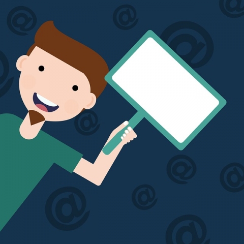 Il·lustració d'un noi amb una pancarta-pantalla a la mà