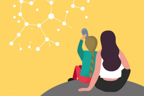 Il·lustració que mostra una dona i una nena mirant el cel